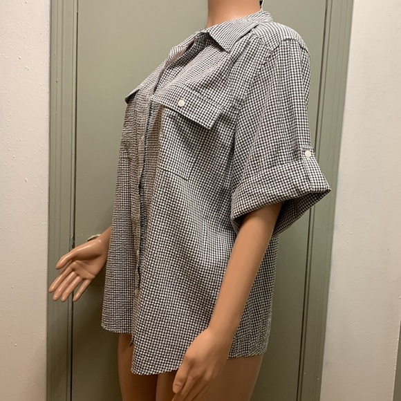 C. D. Daniels Short Sleeve black and white small checkered Button Down Blouse - Picture 6 of 17